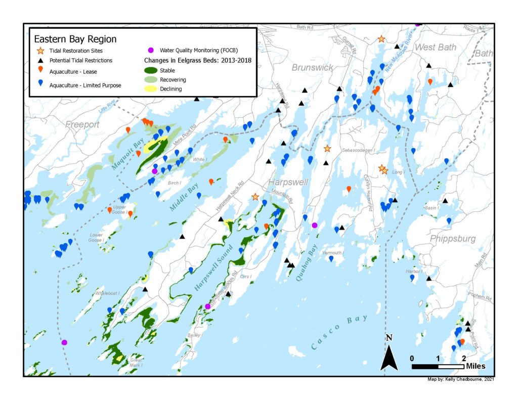 The Eastern Bay region has several tidal restoration sites and water quality monitoring sites. There are numerous potential tidal restrictions, and dozens of aquaculture sites. There are large beds of eelgrass, mostly in Harpswell Sound and around the end of Harpswell Neck.