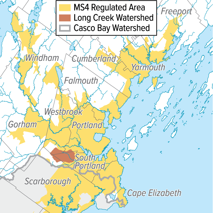 MS4 Regulated Areas encompass some or all of the following towns: Cape Elizabeth, Cumberland, Falmouth, Freeport, Gorham, Portland, Scarborough, South Portland, Westbrook, Windham, and Yarmouth.