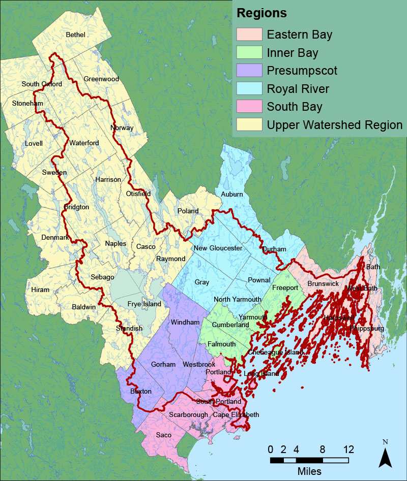 The Casco Bay watershed is divided into six regions: Eastern Bay, Inner Bay, Presumpscot, Royal River, South Bay, and Upper Watershed.