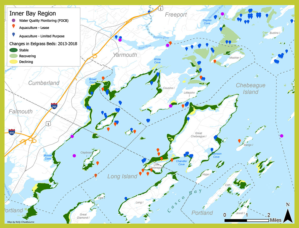The Inner Bay region has extensive beds of eelgrass and numerous aquaculture sites.